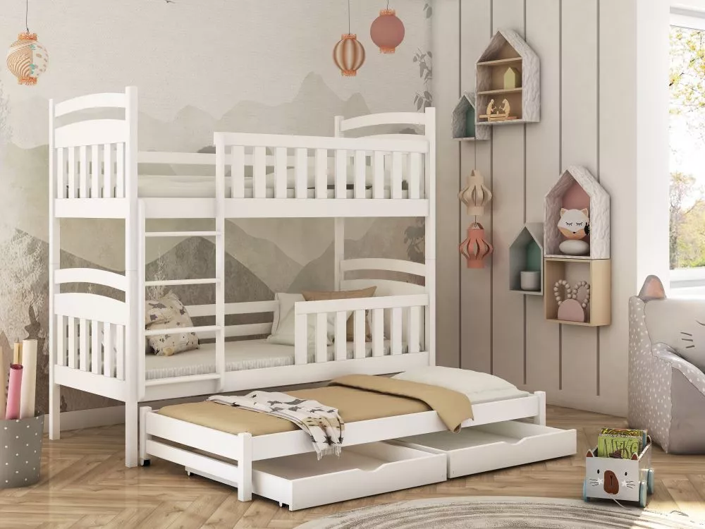 Bērnu gulta Viki ar stelāžām Guļamvietas platums: 90 cm, Guļamvietas garums: 200 cm, · Balts · 97 × 208 × 171 cm