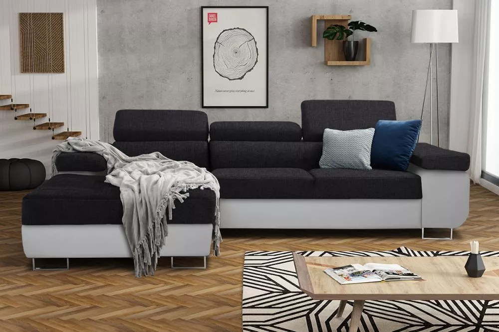 Dīvāns Annabelle L 2 Eco Standard · Melns + balts · 201 × 277 × 76 cm