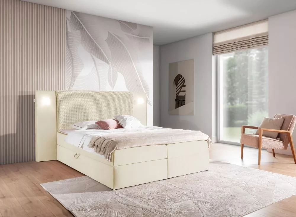 Gulta Marbella Boxspring Standard ar LED Guļamvietas platums: 160 cm, Guļamvietas garums: 200 cm, · Krēma · 233 × 210 × 