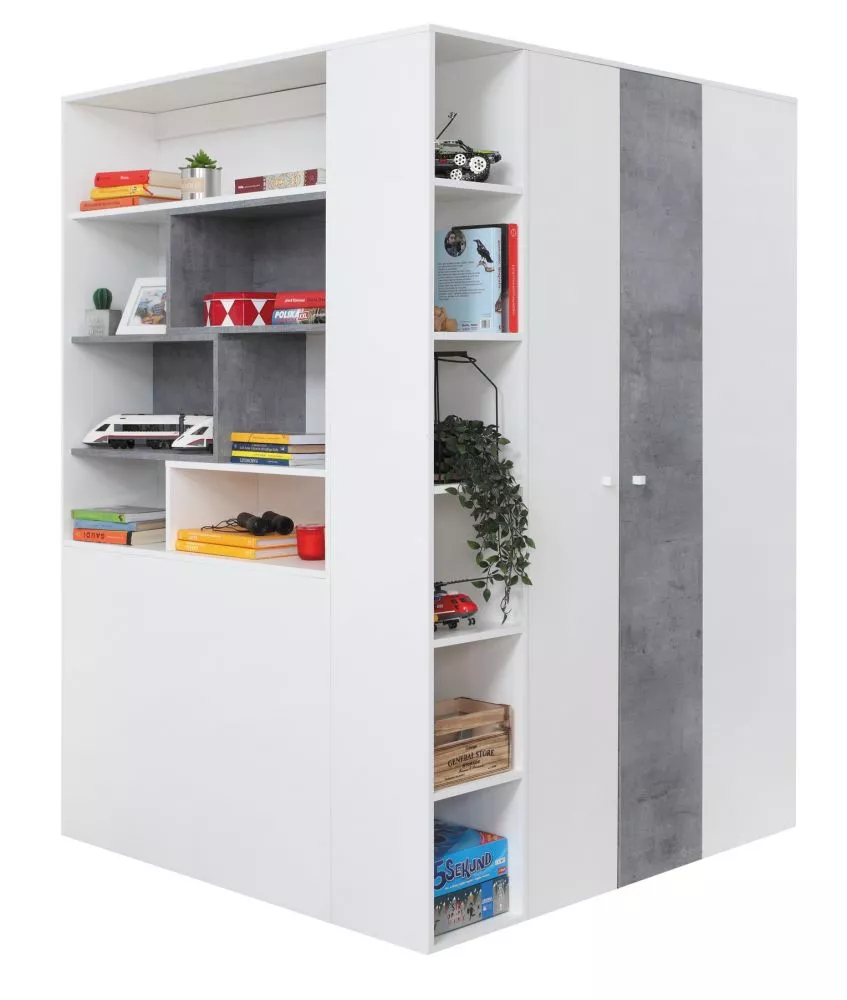 Skapis Sigma SI1 ar LED · Balts + betons · 135 × 135 × 190 cm