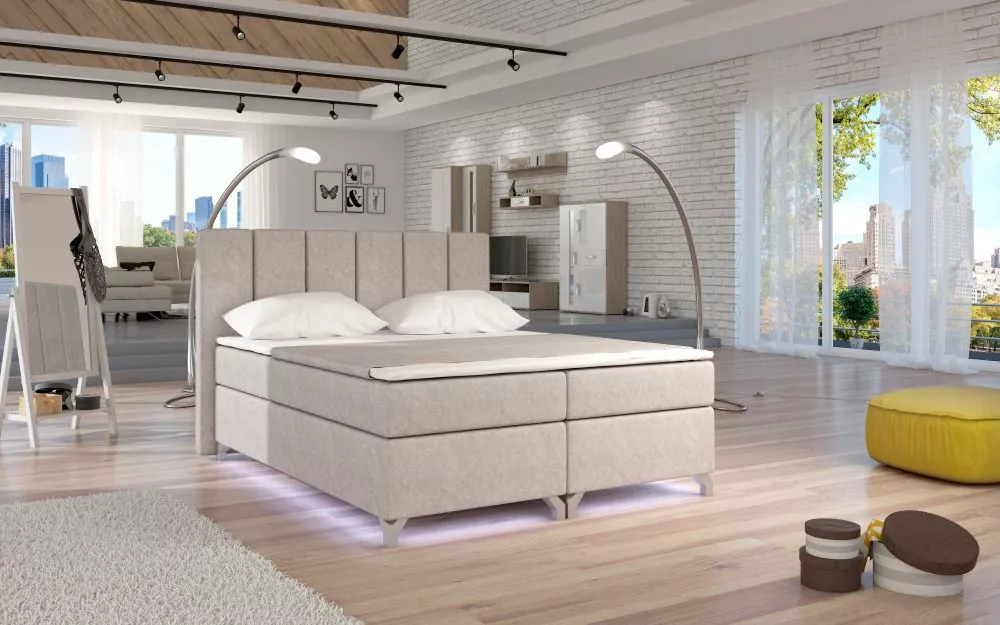 Gulta Basilio Boxspring Lux ar LED standard Guļamvietas platums: 140 cm, Guļamvietas garums: 200 cm, · Krēma · 155 × 205