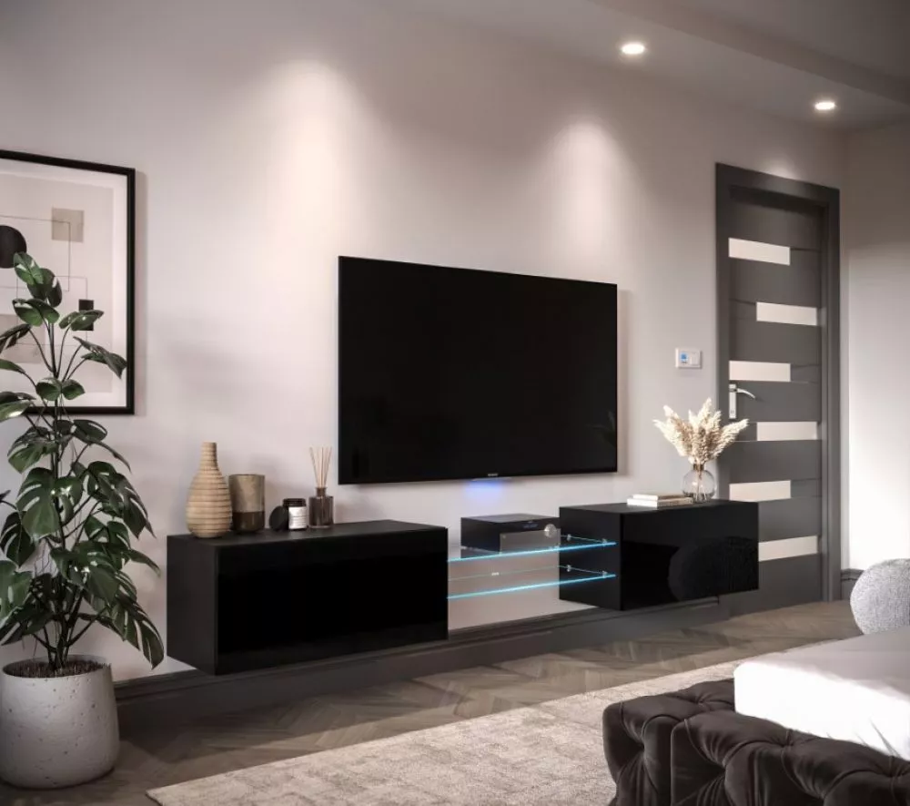 Sekcija Next AN95 gloss ar LED · Melns · 249 × 35 × 37 cm