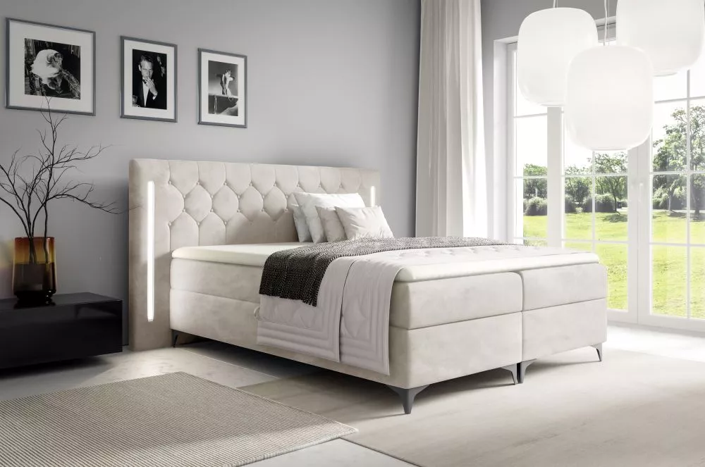 Gulta California Boxspring Standard ar LED Guļamvietas platums: 120 cm, Guļamvietas garums: 200 cm, · Bēšs · 152 × 208 ×
