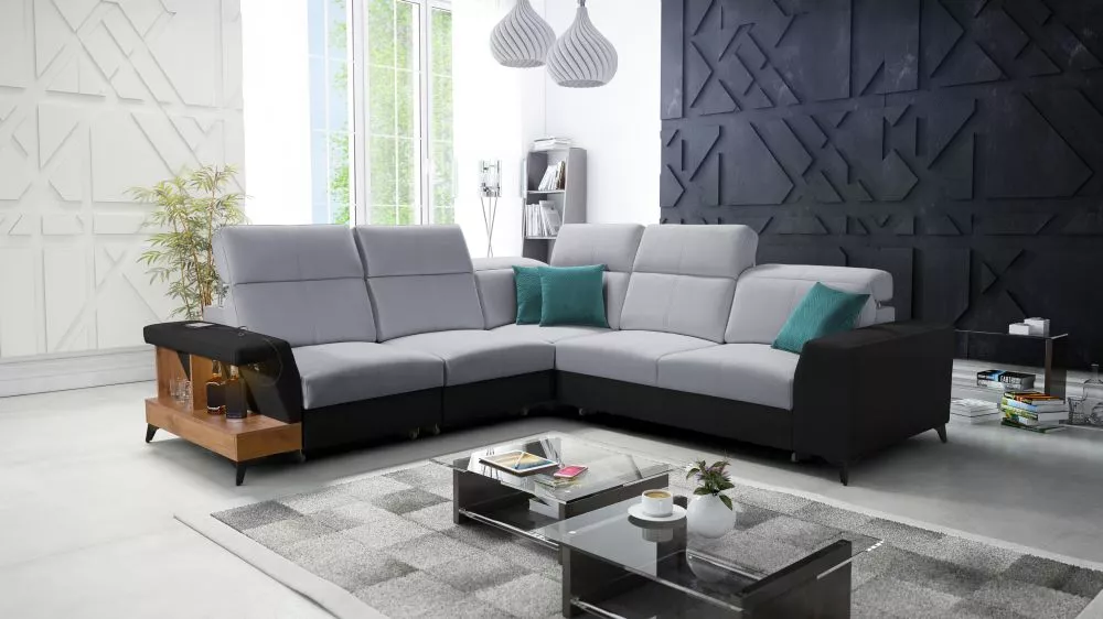 Dīvāns Belutti 3 Lancelot Standard ar LED · Pelēks + melns · 288 × 288 × 84 cm