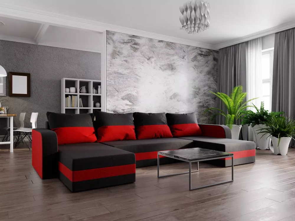 Dīvāns Hewlet U Bis standard · Melns + sarkans · 139 × 313 × 80 cm