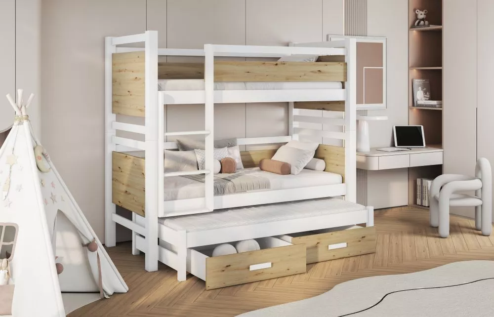 Bērnu gulta Janis 3 ar stelāžām Kāpņu puse: Pa labi, Guļamvietas platums: 80 cm, Guļamvietas garums: 180 cm, · 93 × 194 