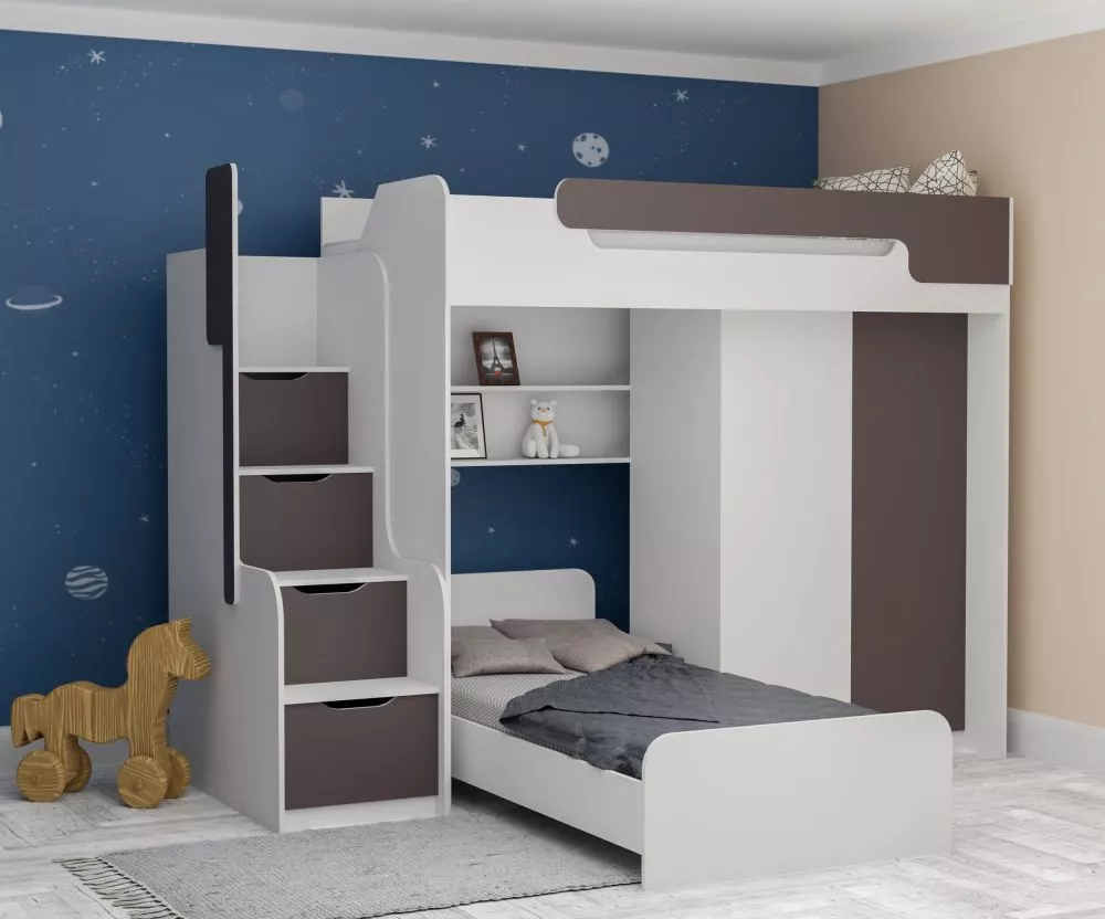 Bērnu gulta Dorian 2 90x200 ar stelāžām Guļamvietas platums: 90 cm, Guļamvietas garums: 200 cm, · 205 × 260 × 187 cm