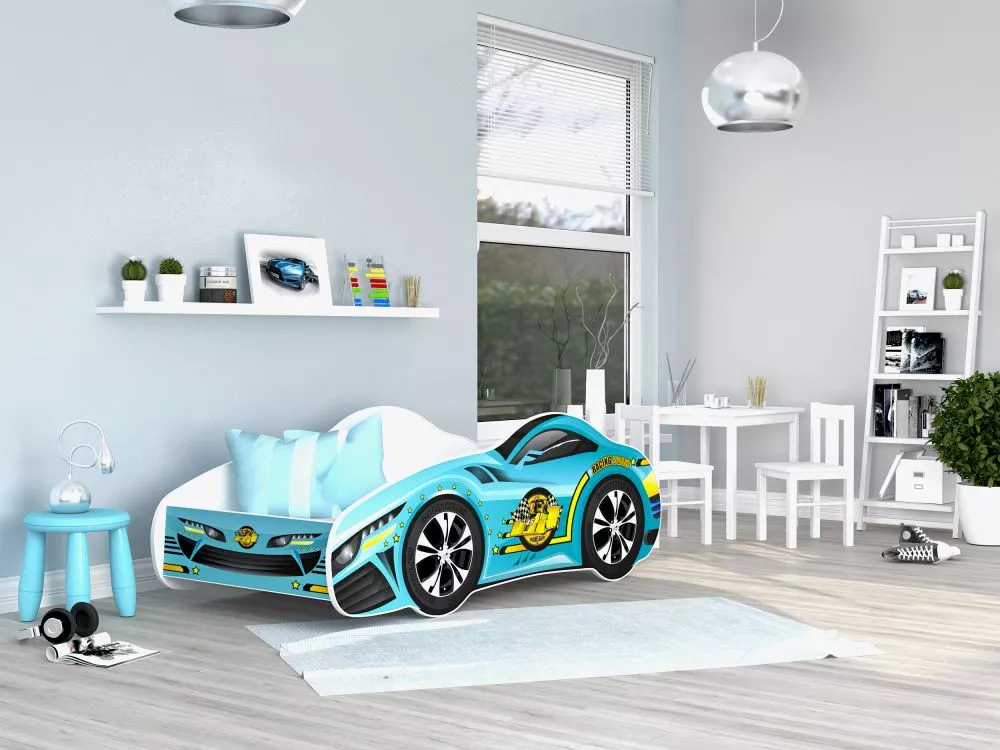 Bērnu gulta Cars 70x140 ar stelāžu Guļamvietas platums: 70 cm, Guļamvietas garums: 140 cm, · Gaiši zils · 72 × 156 × 55 