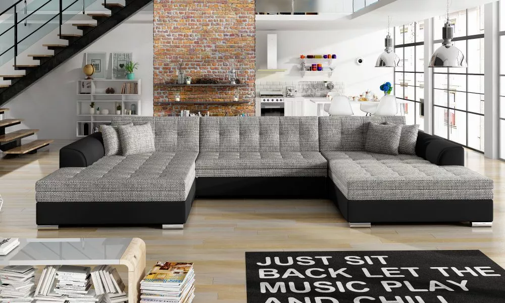 Dīvāns Vento Lux standard · Gaiši pelēks + melns · 165 × 365 × 80 cm