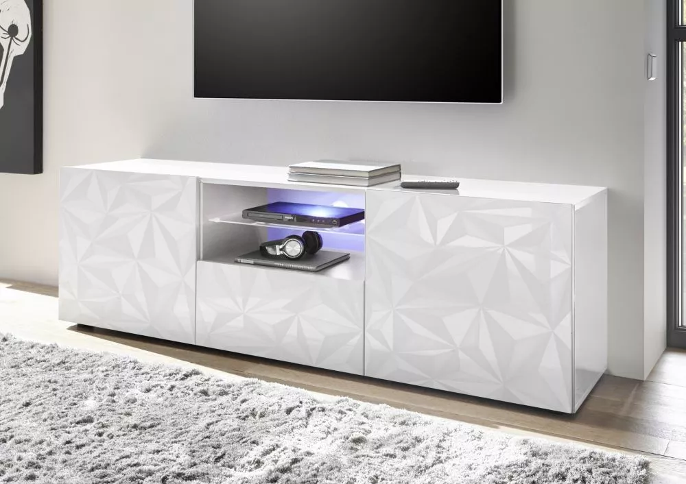 TV tumba Prisma 02 ar LED · Balts · 181 × 42 × 57 cm