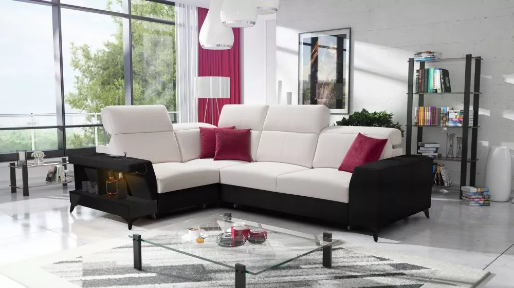 Dīvāns Belutti 2 Satin Black Standard ar LED · Krēma + melns · 212 × 288 × 84 cm