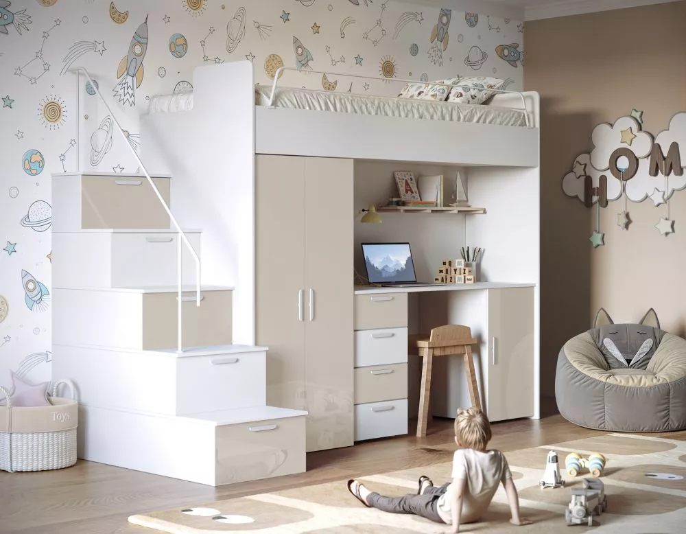 Bērnu gulta Raj 4 Gloss ar stelāžu Guļamvietas platums: 80 cm, Guļamvietas garums: 200 cm, · 120 × 254 × 180 cm