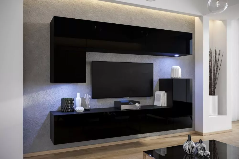 Sekcija Next 57 gloss ar LED · Melns · 219 × 35 × 180 cm