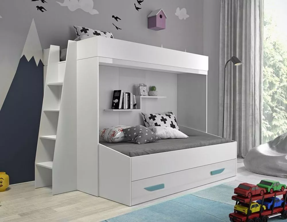 Bērnu gulta Party 17S ar stelāžām Guļamvietas platums: 90 cm, Guļamvietas garums: 200 cm, · 135 × 230 × 165 cm