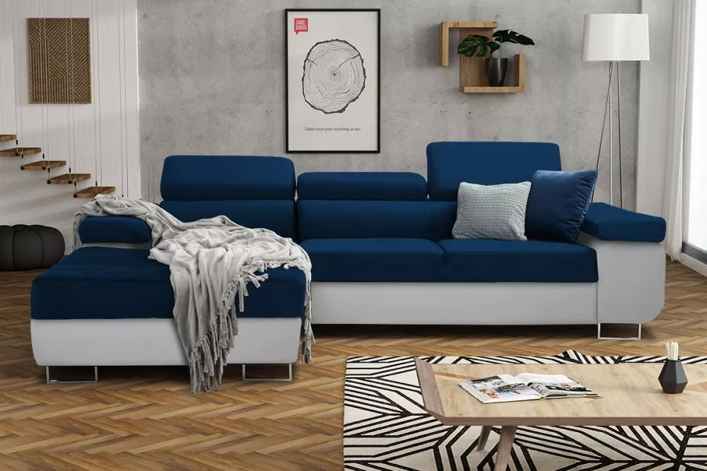Dīvāns Annabelle L 2 Eco Standard · Tumši zils + balts · 201 × 277 × 76 cm