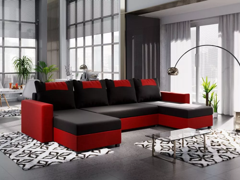 Dīvāns Star U Bis standard · Melns + sarkans · 146 × 298 × 83 cm