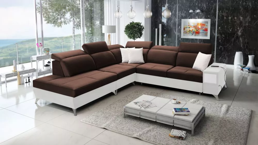 Dīvāns Deus 9 Premium Standard · Tumši brūns + balts · 286 × 300 × 83 cm