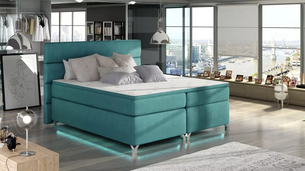 Gulta Amadeo Boxspring Lux ar LED standard Guļamvietas platums: 140 cm, Guļamvietas garums: 200 cm, · Tirkīzs · 155 × 20