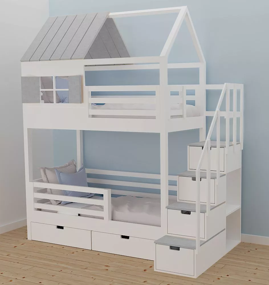 Bērnu gulta 106P ar stelāžām Kāpņu puse: Pa labi, Guļamvietas platums: 80 cm, Guļamvietas garums: 160 cm, · 112 × 212 × 