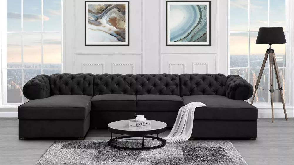 Dīvāns Valentino U Standard · Melns · 174 × 348 × 81 cm