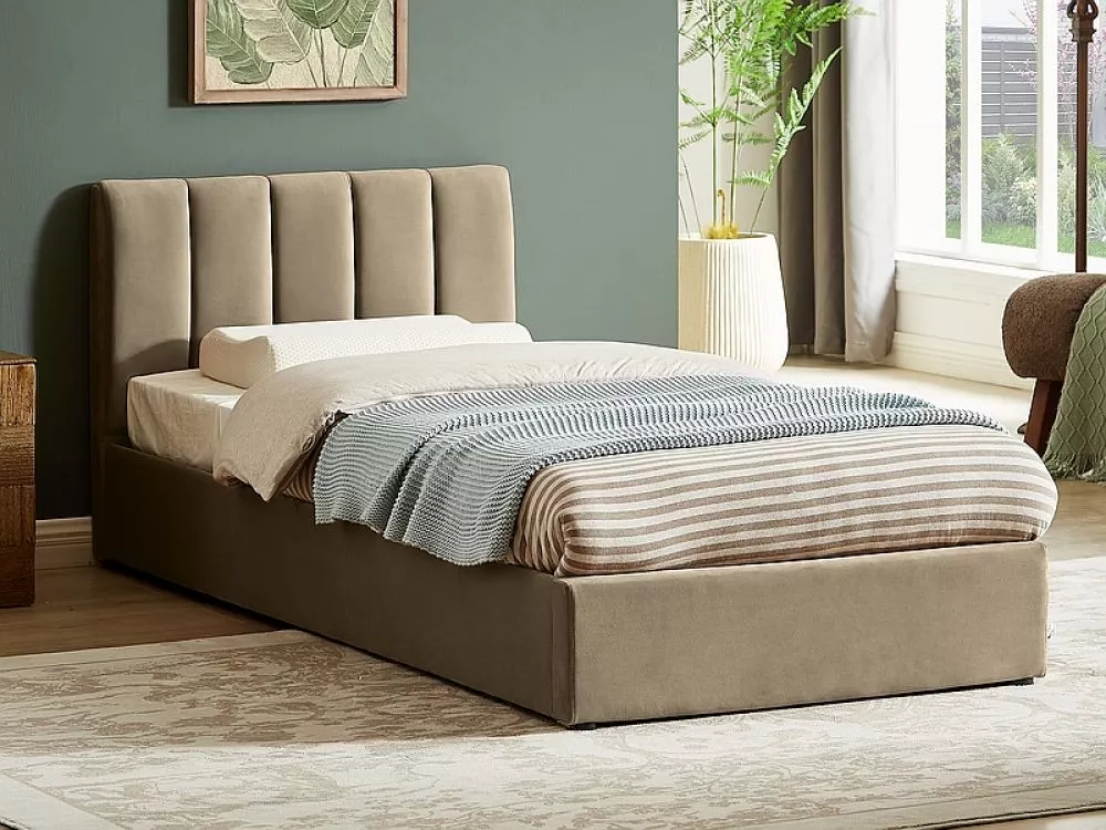 Gulta Montreal Velvet ar stelāžu Guļamvietas platums: 90 cm, Guļamvietas garums: 200 cm, · Bēšs · 97 × 215 × 79 cm