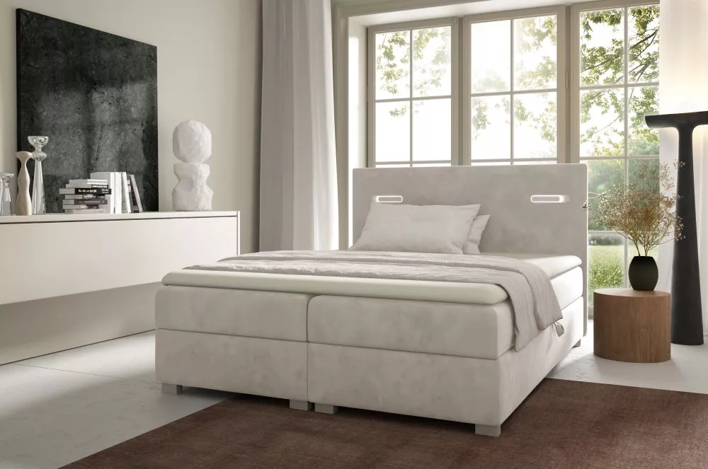 Gulta Lara Boxspring Standard ar LED Guļamvietas platums: 120 cm, Guļamvietas garums: 200 cm, · Krēma · 124 × 208 × 103 