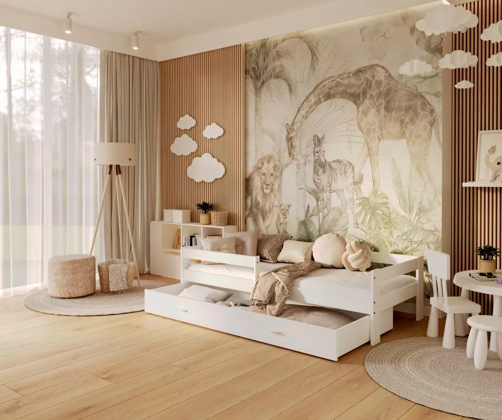 Bērnu gulta Hugo MDF 80x190 ar stelāžu Guļamvietas platums: 80 cm, Guļamvietas garums: 190 cm, · 85 × 199 × 56 cm