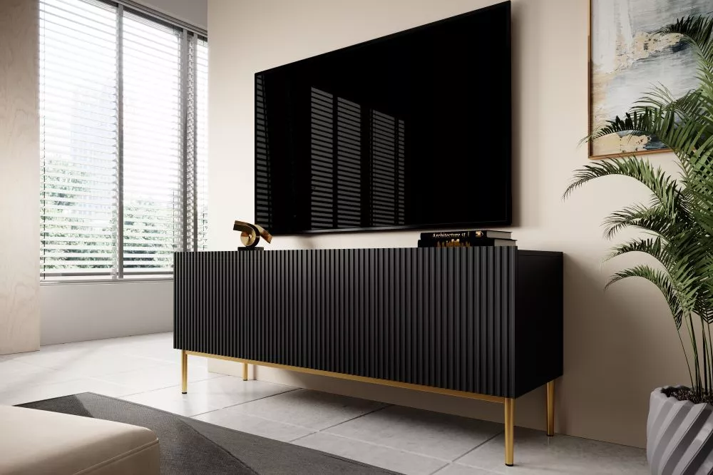 TV tumba Nicole RTV 150 2K1SZ Gold · Melns · 150 × 45 × 53 cm