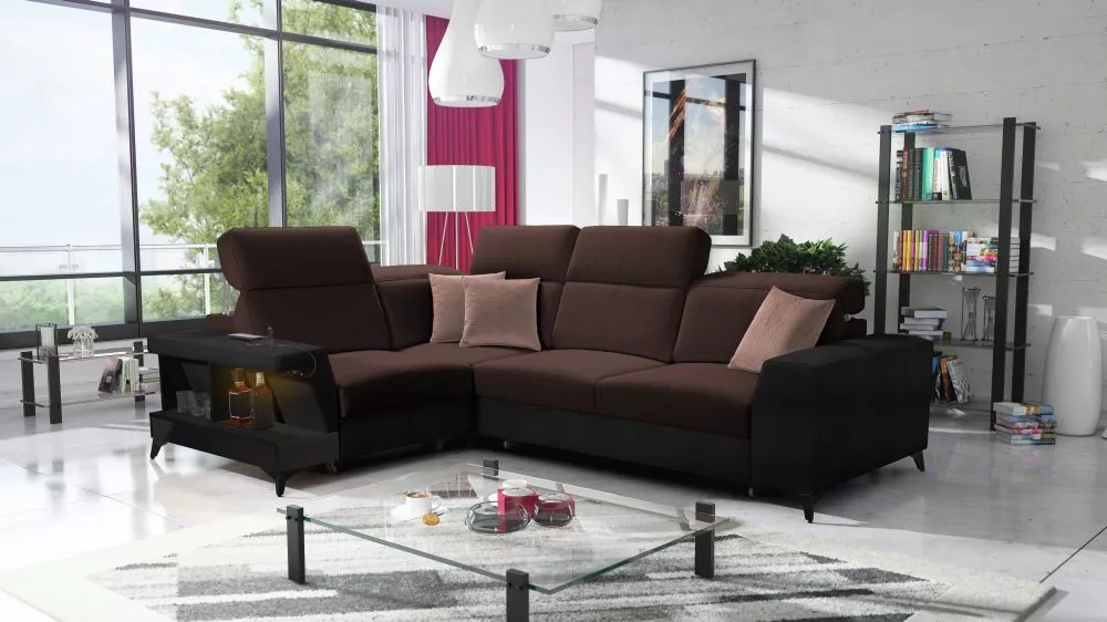 Dīvāns Belutti 2 Satin Black Standard ar LED · Tumši brūns + melns · 212 × 288 × 84 cm