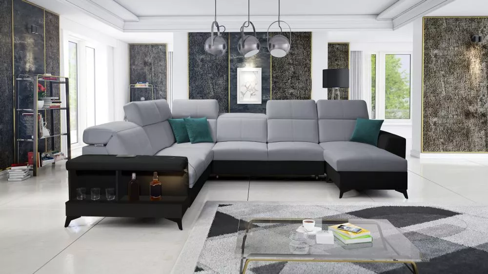 Dīvāns Belutti 8 Satin Black Standard ar LED · Pelēks + melns · 288 × 362 × 84 cm