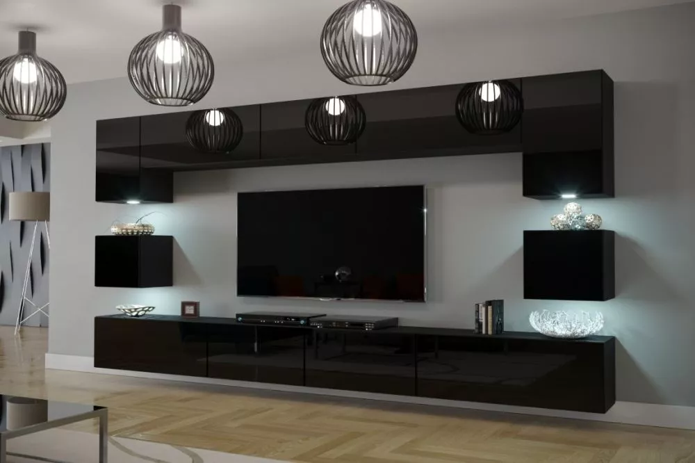 Sekcija Next 1 ar LED gloss · Melns · 302 × 35 × 187 cm
