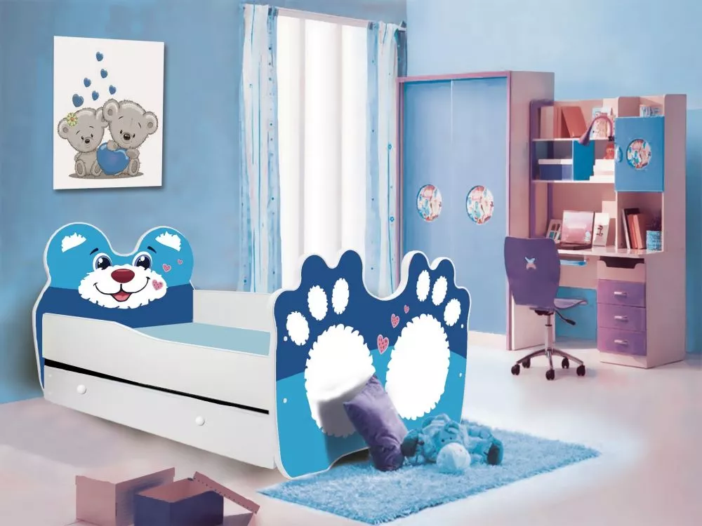 Bērnu gulta Blue Bear ar stelāžu Guļamvietas platums: 70 cm, Guļamvietas garums: 140 cm, · 80 × 140 × 70 cm