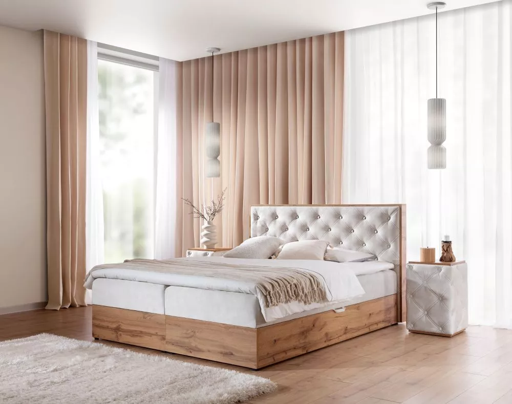 Gulta Wood-10 Boxspring Standard Guļamvietas platums: 160 cm, Guļamvietas garums: 200 cm, · Bēšs · 169 × 210 × 105 cm