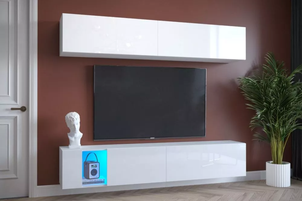 Sekcija Exclusive 6 gloss ar LED · Balts · 182 × 35 × 200 cm