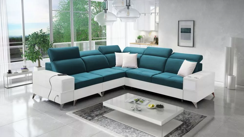 Dīvāns Deus 3 Premium Standard · Tirkīzs + balts · 284 × 286 × 83 cm