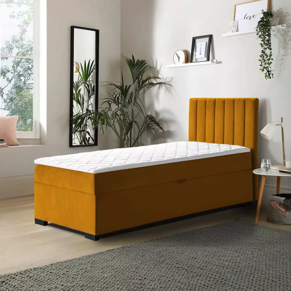 Gulta Eryk 90x200 Boxspring Standard Guļamvietas platums: 90 cm, Guļamvietas garums: 200 cm, · Dzeltens · 94 × 207 × 105