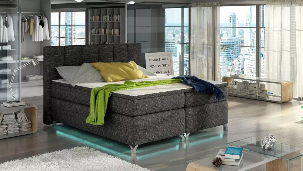 Gulta Basilio Boxspring ar LED standard Guļamvietas platums: 160 cm, Guļamvietas garums: 200 cm, · Grafīts · 175 × 205 ×
