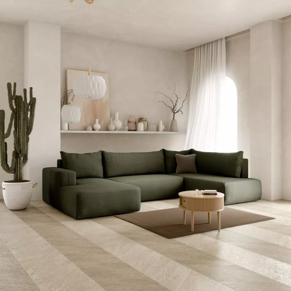 Dīvāns Torretta U standard · Olīvu · 200 × 335 × 72 cm
