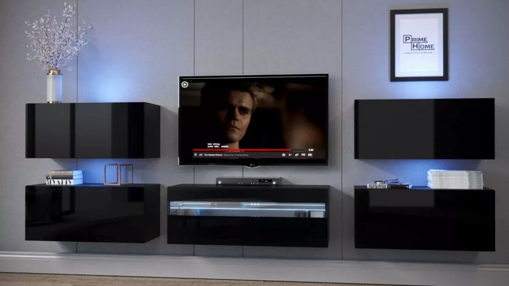 Sekcija Exclusive 2 gloss ar LED · Melna · 307 × 35 × 99 cm
