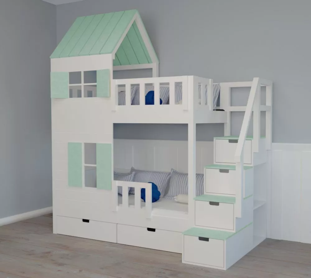 Bērnu gulta 103P ar stelāžām Kāpņu puse: Pa labi, Guļamvietas platums: 90 cm, Guļamvietas garums: 200 cm, · 118 × 252 × 