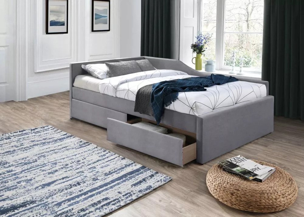 Gulta Eliot Velvet 120x200 ar stelāžu Guļamvietas platums: 120 cm, Guļamvietas garums: 200 cm, · Pelēks · 128 × 213 × 75