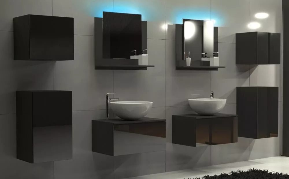 Vannas istabas komplekts Alius 36 gloss ar LED · Melns · 160 × 284 × 42 cm