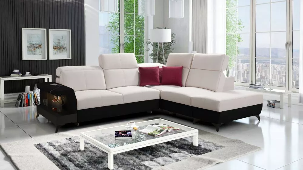 Dīvāns Belutti 7 Satin Black Standard ar LED · Krēma + melns · 236 × 288 × 84 cm