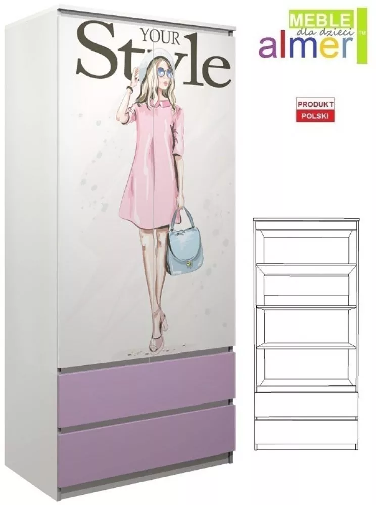 Grāmatu skapis Fashion C21 Elementu krāsa: daudzkrāsains, Korpusa krāsa: balts + lillā, · 90 × 55 × 200 cm