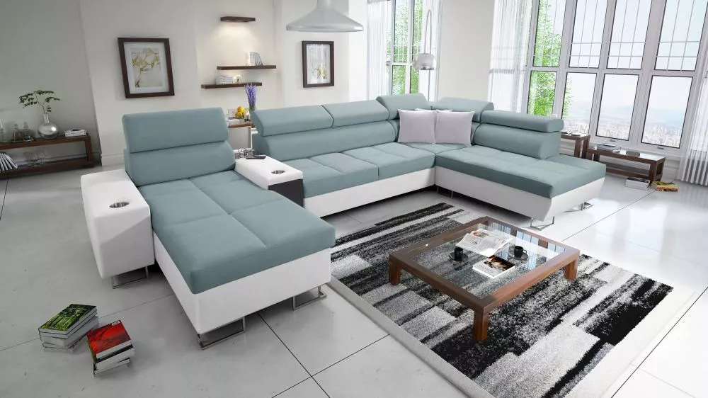 Dīvāns Morena 5 Premium Standard · Gaiši zils + balts · 221 × 371 × 84 cm