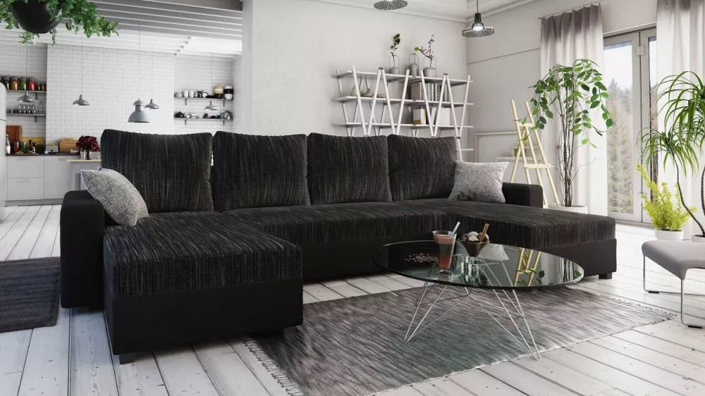 Dīvāns Tripolis U standard · Melns · 160 × 345 × 71 cm