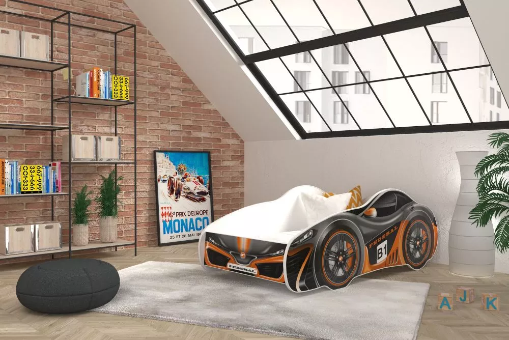 Bērnu gulta Cars 70x140 ar stelāžu Guļamvietas platums: 70 cm, Guļamvietas garums: 140 cm, · Pelēks · 72 × 156 × 55 cm