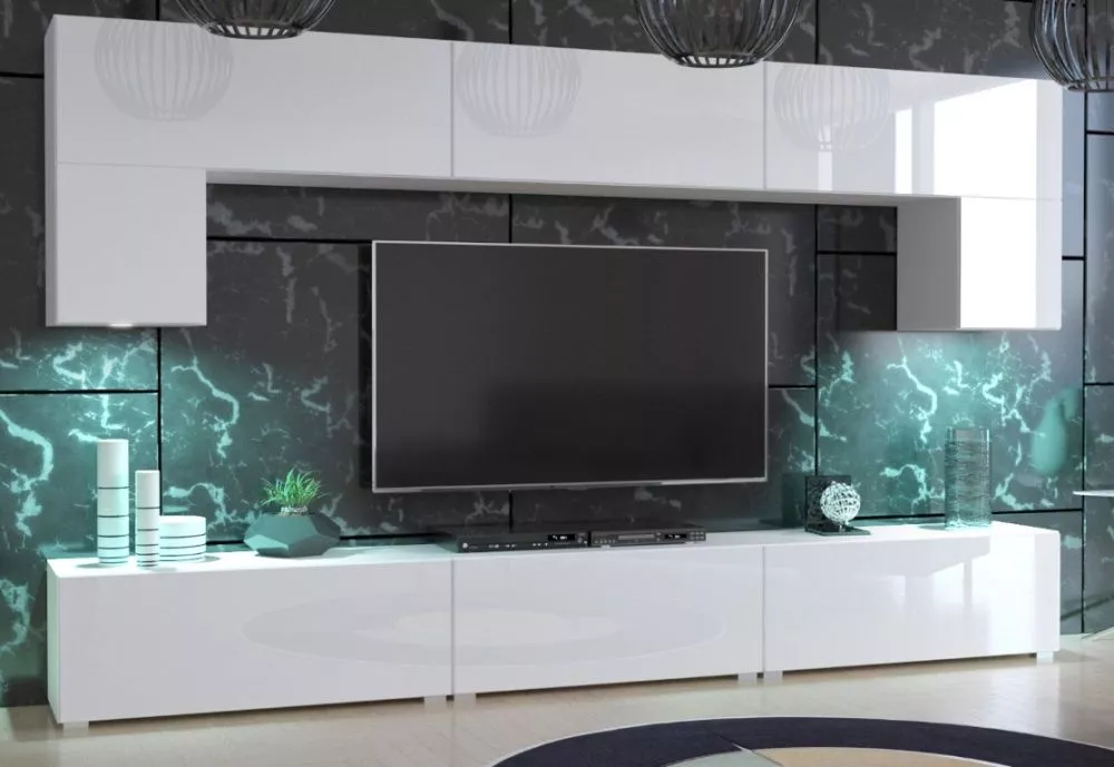 Sekcija Next 70 gloss ar LED · Balts · 249 × 35 × 174 cm