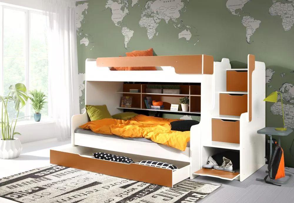 Bērnu gulta Harry Premium ar stelāžām Guļamvietas platums: 90 cm, Guļamvietas garums: 200 cm, · 129 × 260 × 155 cm