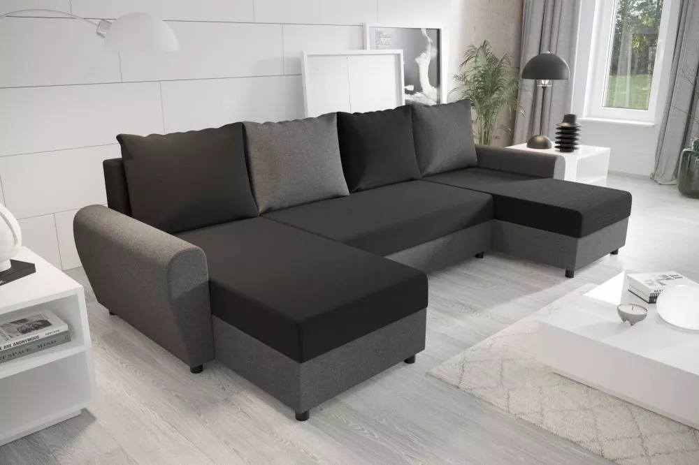 Dīvāns Fiona U standard · Melns + tumši pelēks · 144 × 305 × 68 cm
